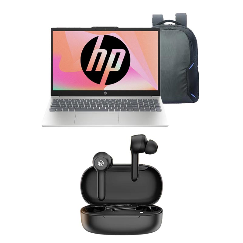 Picture of HP - AMD Ryzen 3 7320U 15.6" (39.6 cm) 15-fc0154AU Thin & Light Laptop (8GB/ 512GB SSD/ Full HD Display/ AMD Radeon Graphics/ Dual Speakers,FHD camera/ Mic mute key/ Windows 11 Home/ MS Office/ 1 Year Warranty/ Natural Silver/ 1.59Kg)  with Laptop Bag + Noise Buds VS201 V3 in-Ear Truly Wireless Earbuds